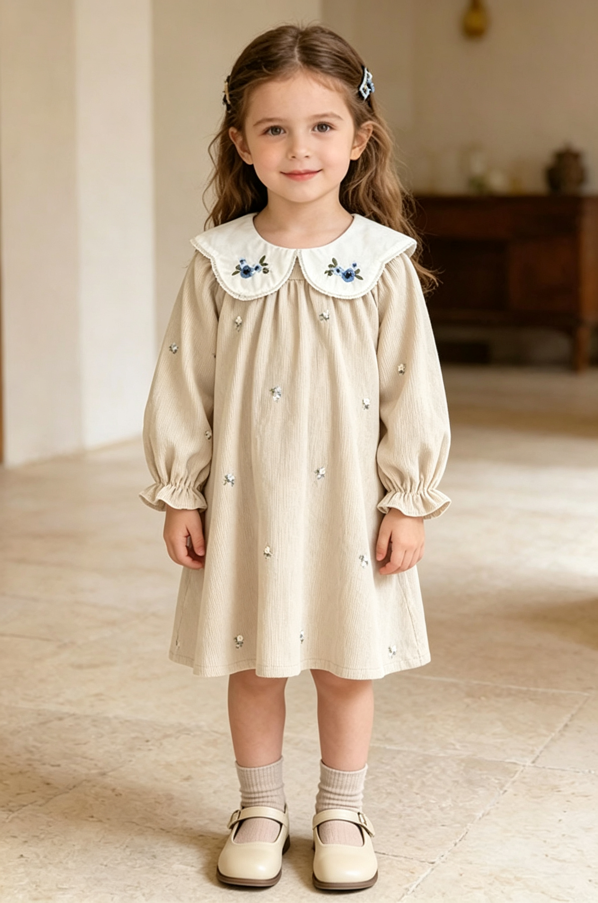Beige Peter Pan Collar Handmade Floral Embroidery Long Sleeve A-Line Dress