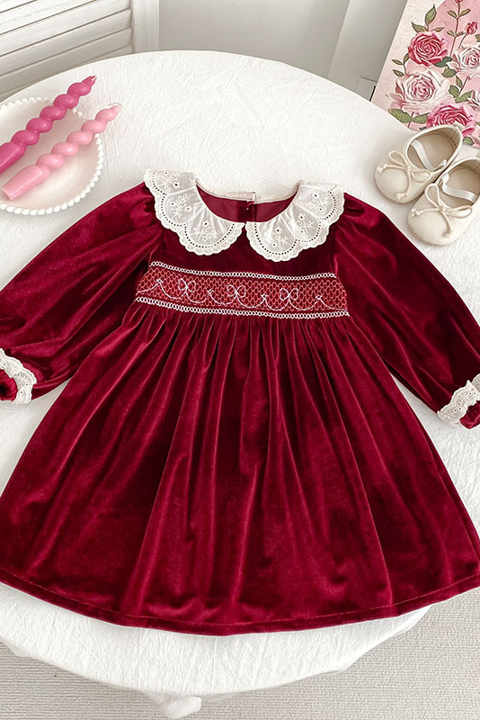 Burgundy Velvet White Eyelet Lace Collar Puff Long Sleeve A-Line Dress