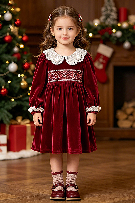 Burgundy Velvet White Eyelet Lace Collar Puff Long Sleeve A-Line Dress