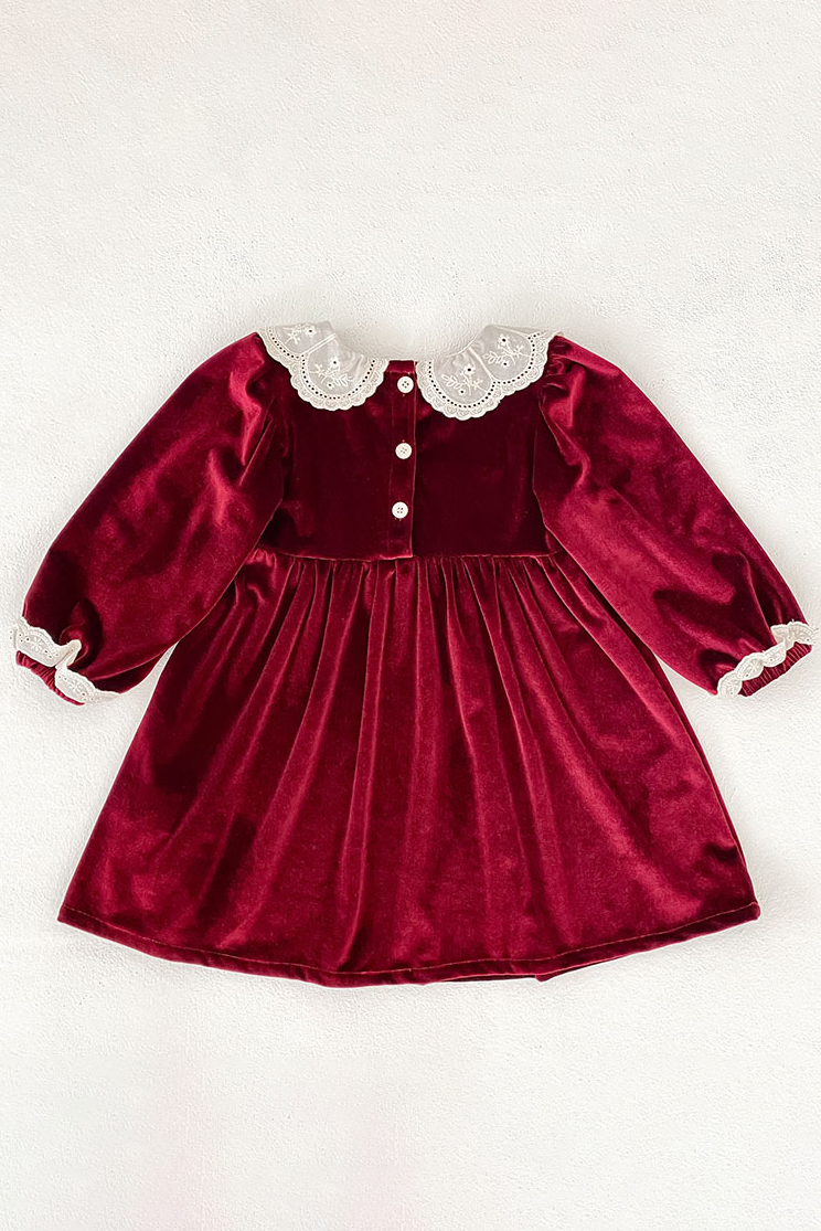 Burgundy Velvet White Eyelet Lace Collar Puff Long Sleeve A-Line Dress