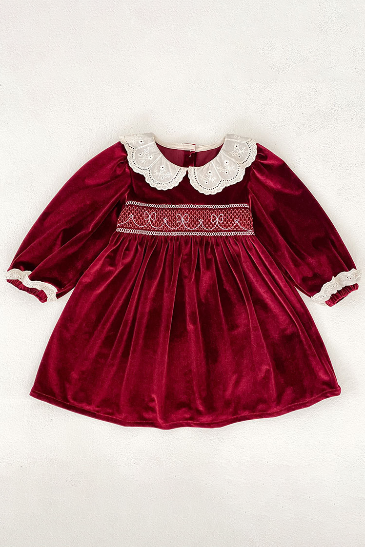 Burgundy Velvet White Eyelet Lace Collar Puff Long Sleeve A-Line Dress