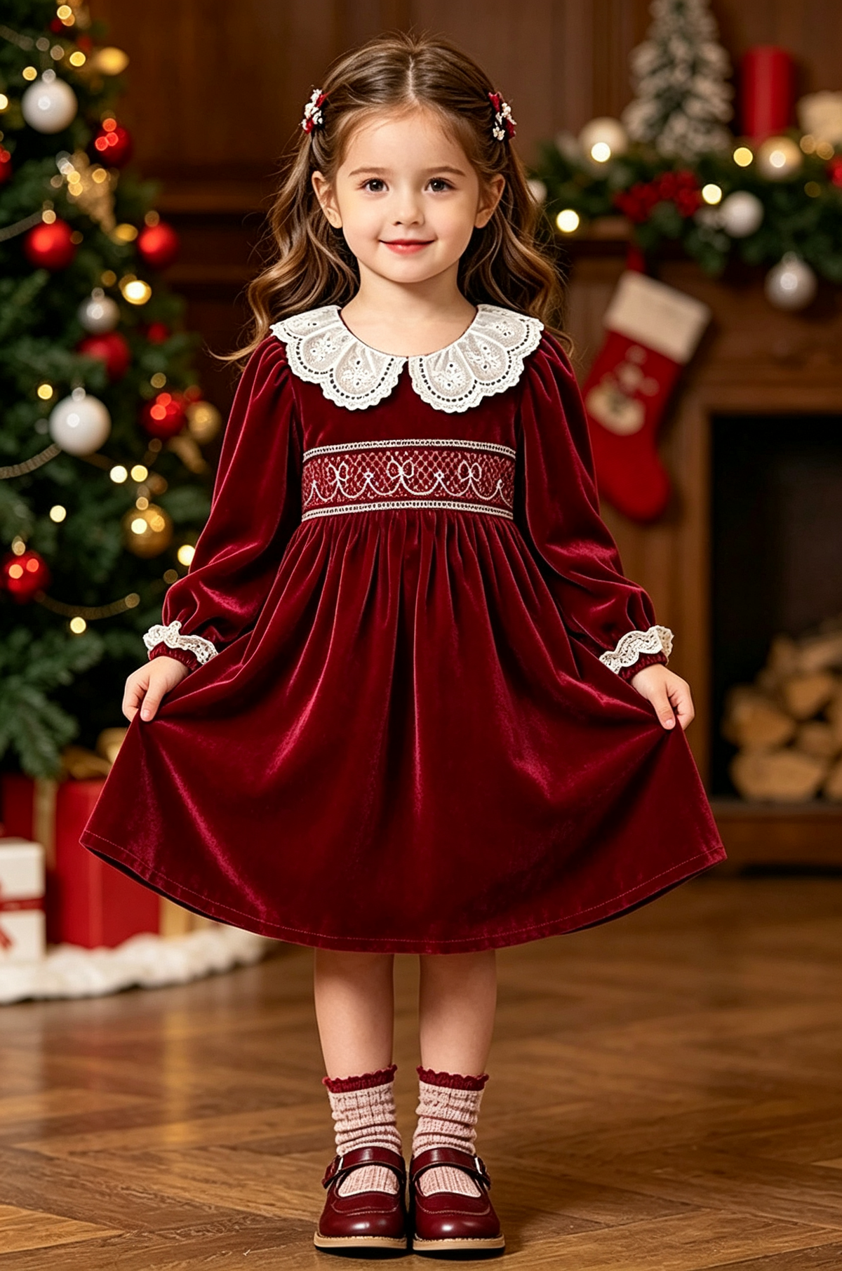 Burgundy Velvet White Eyelet Lace Collar Puff Long Sleeve A-Line Dress