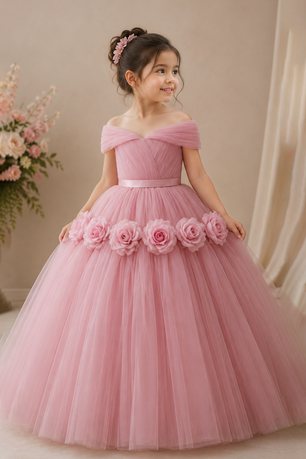 Pink Off Shoulder Tulle Handcrafted 3D Rose Flower A-Line Flower Girl Dress