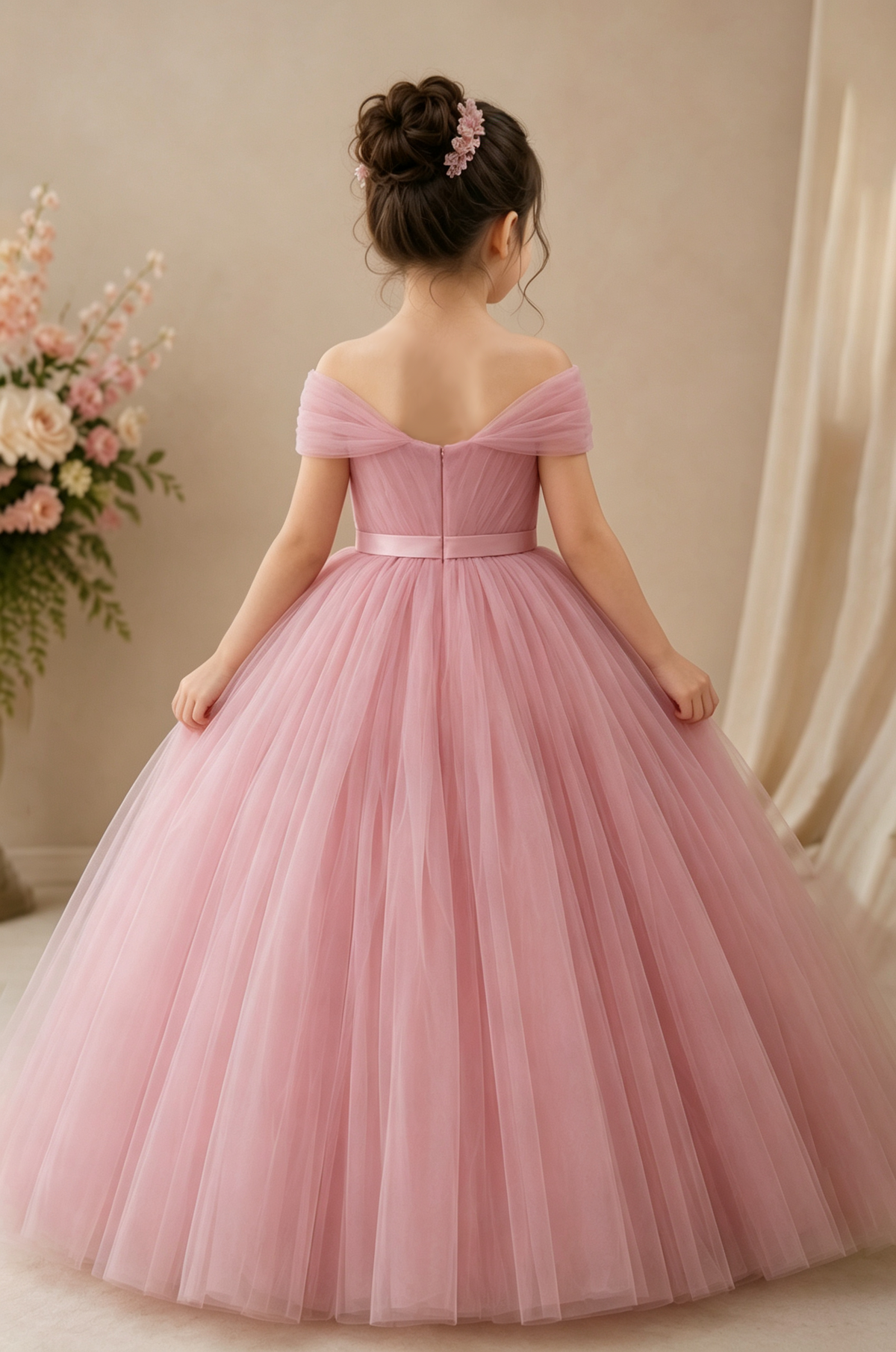 Pink Off Shoulder Tulle Handcrafted 3D Rose Flower A-Line Flower Girl Dress