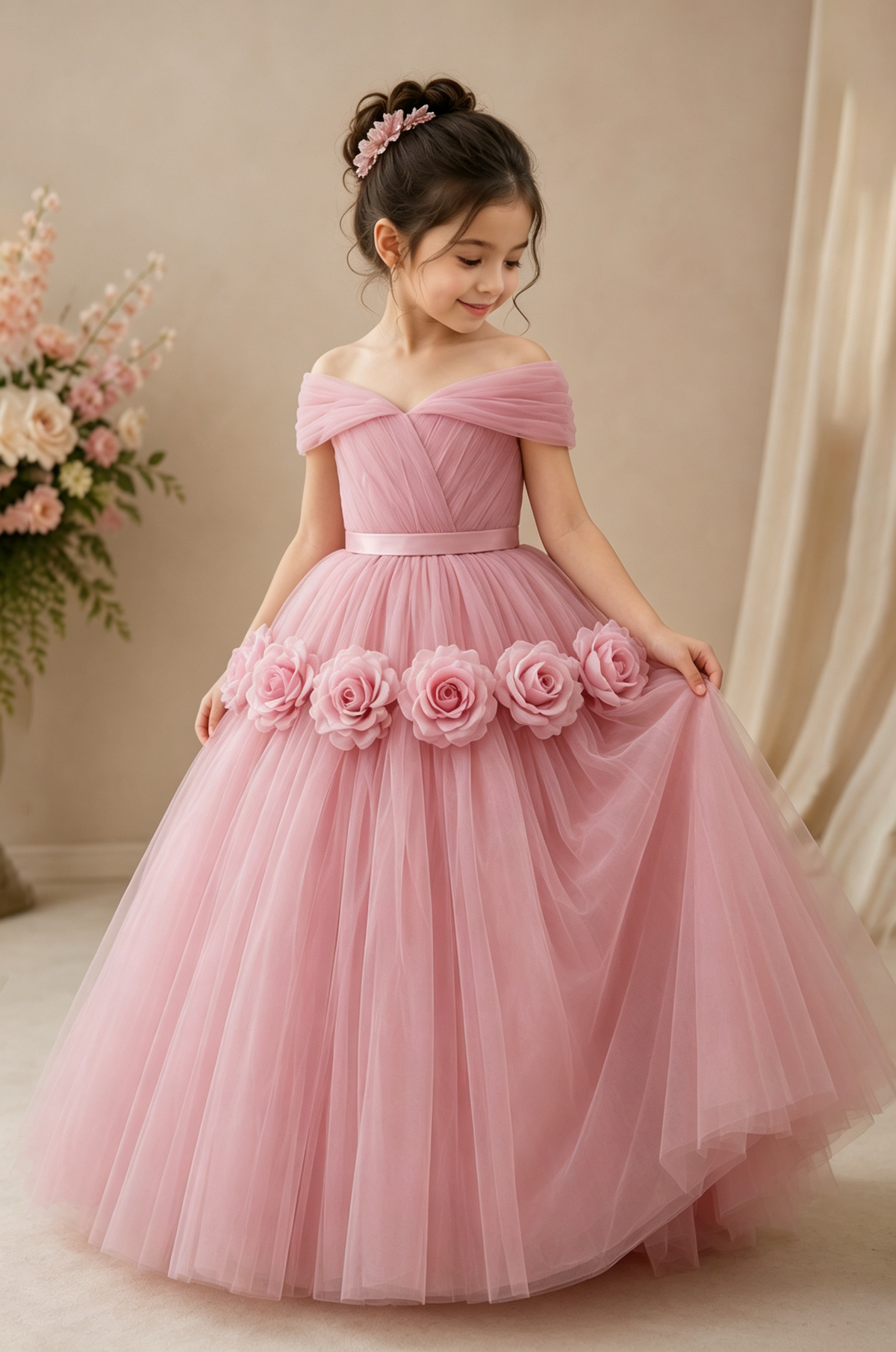 Pink Off Shoulder Tulle Handcrafted 3D Rose Flower A-Line Flower Girl Dress