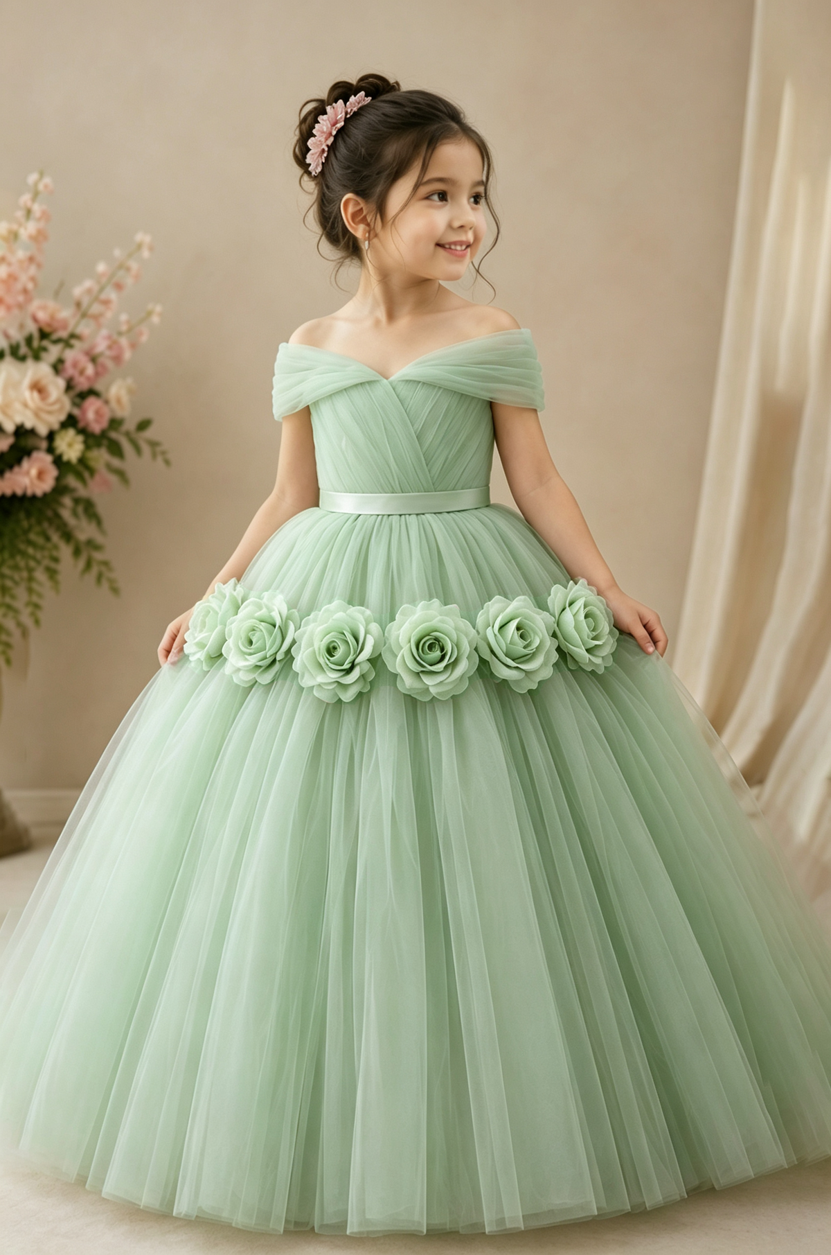 Pink Off Shoulder Tulle Handcrafted 3D Rose Flower A-Line Flower Girl Dress