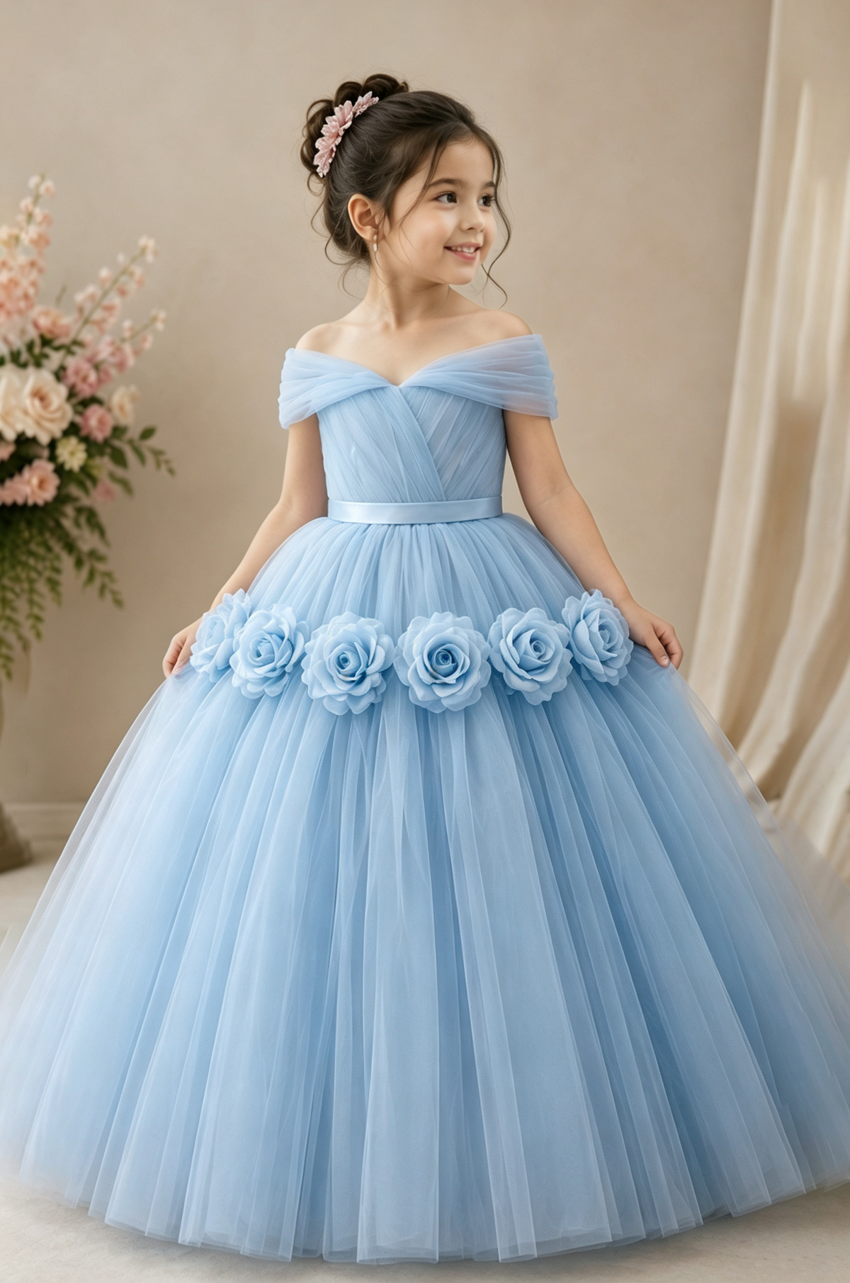 Pink Off Shoulder Tulle Handcrafted 3D Rose Flower A-Line Flower Girl Dress