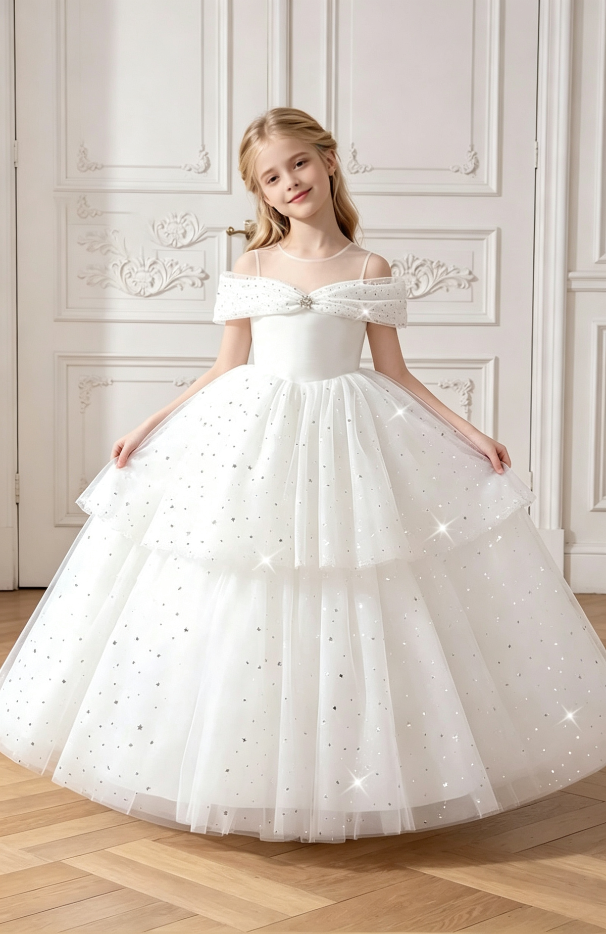 White Off Shoulder Sequin Tulle A-Line Flower Girl Dress
