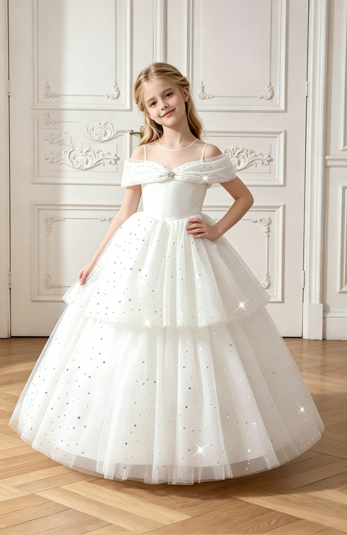 White Off Shoulder Sequin Tulle A-Line Flower Girl Dress