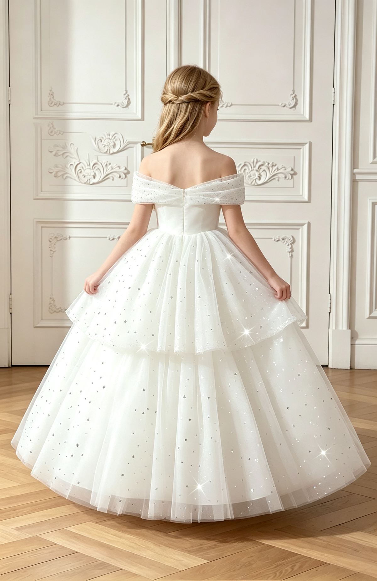 White Off Shoulder Sequin Tulle A-Line Flower Girl Dress