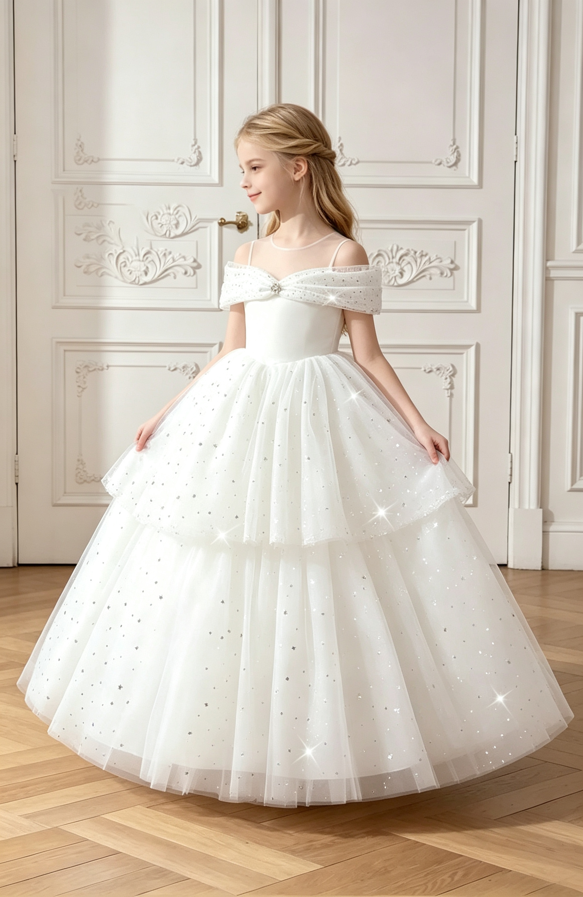 White Off Shoulder Sequin Tulle A-Line Flower Girl Dress