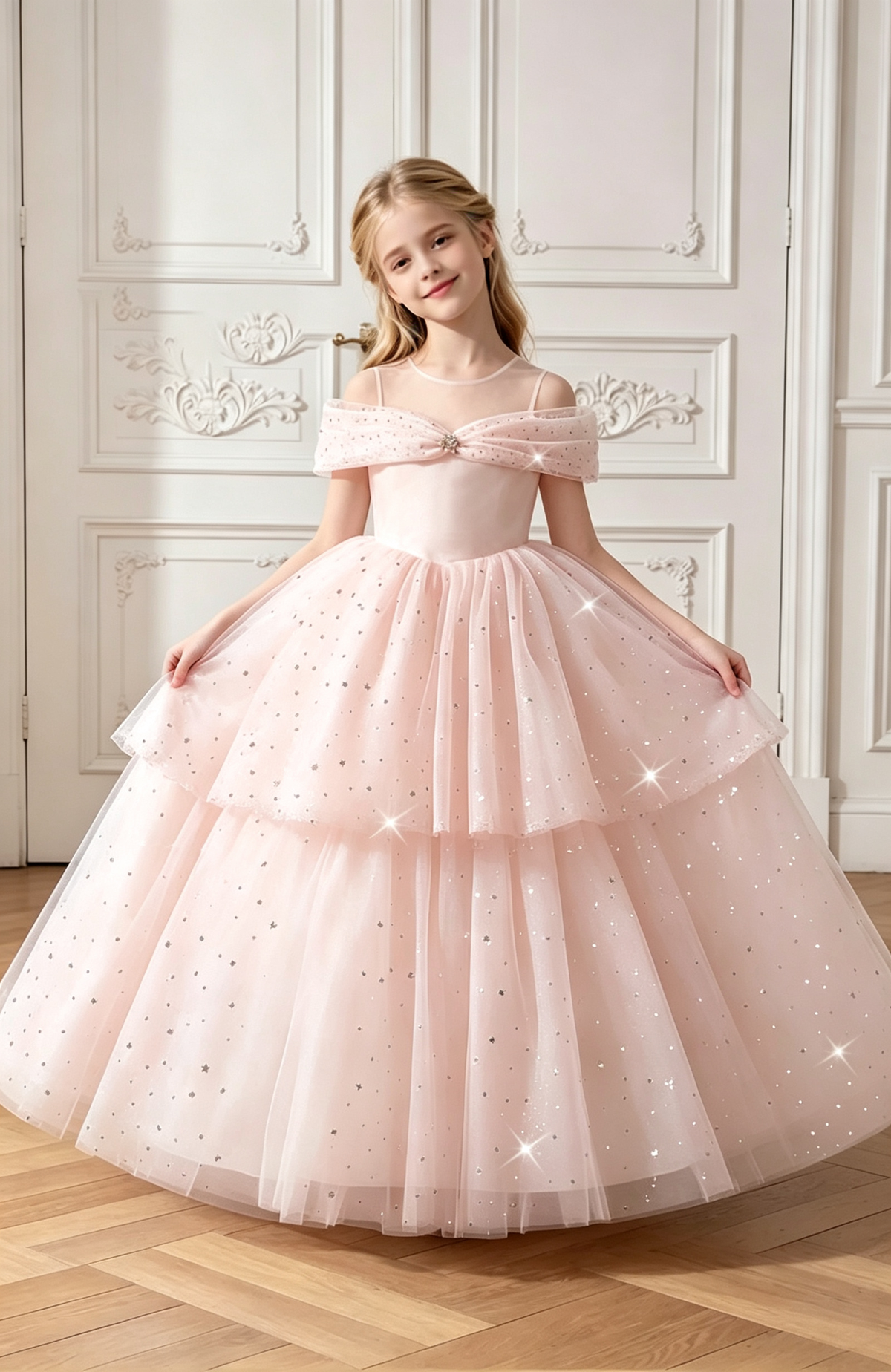 White Off Shoulder Sequin Tulle A-Line Flower Girl Dress