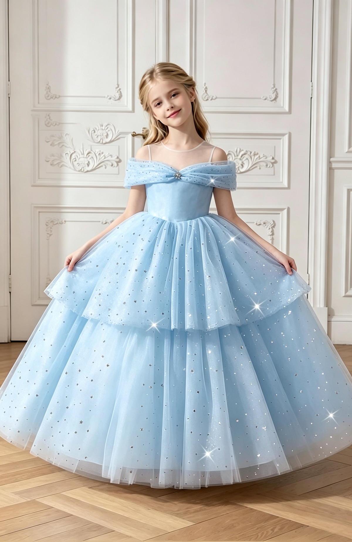 White Off Shoulder Sequin Tulle A-Line Flower Girl Dress