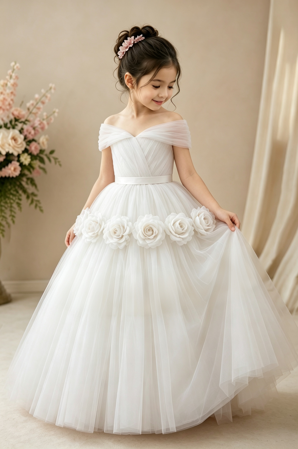 Pink Off Shoulder Tulle Handcrafted 3D Rose Flower A-Line Flower Girl Dress