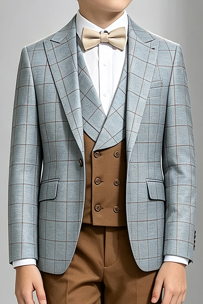 Blue-Grey Windowpane Plaid Brown Double-Breasted 3-Piece Suit