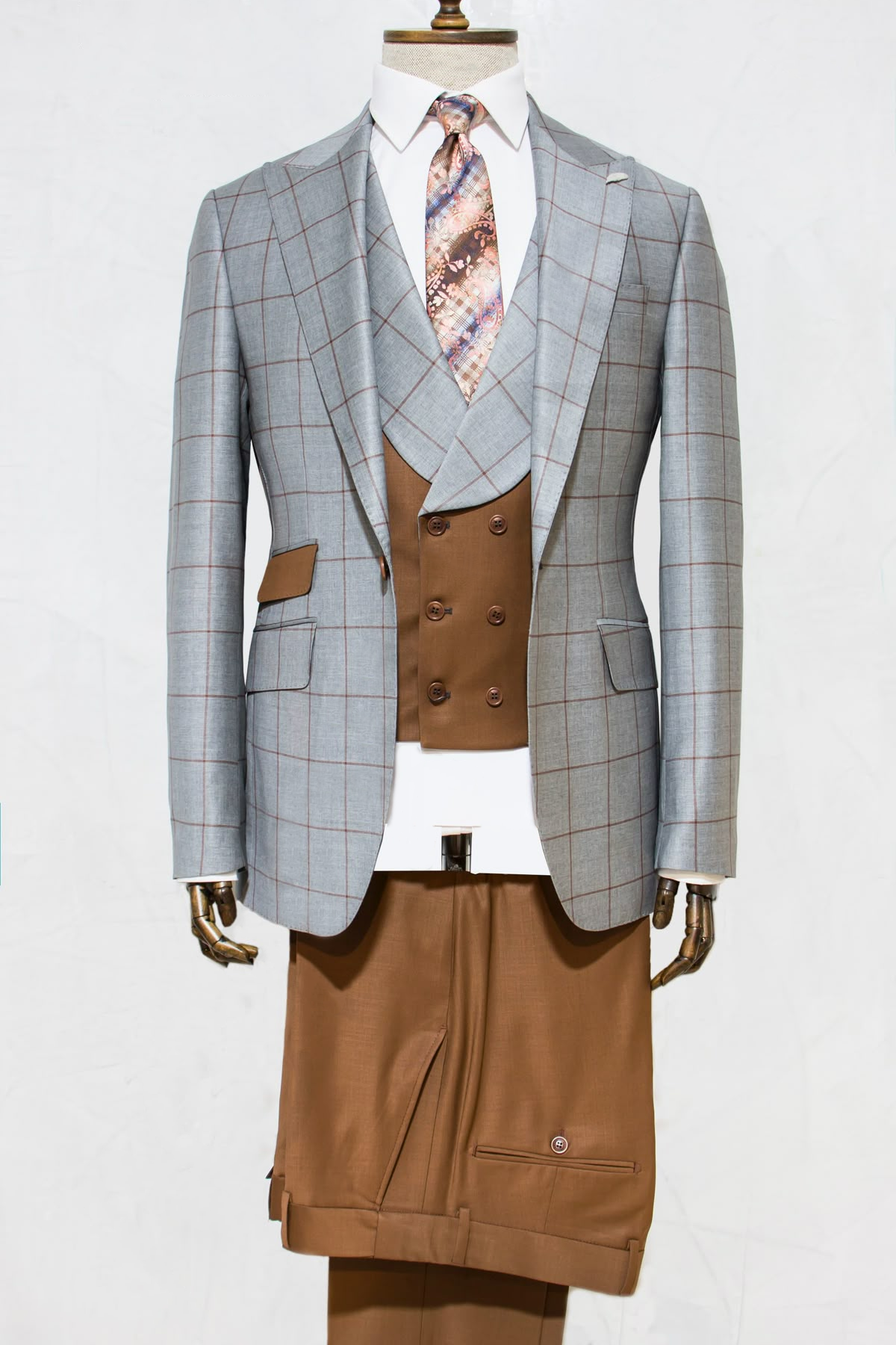 Blue-Grey Windowpane Plaid Brown Double-Breasted 3-Piece Suit