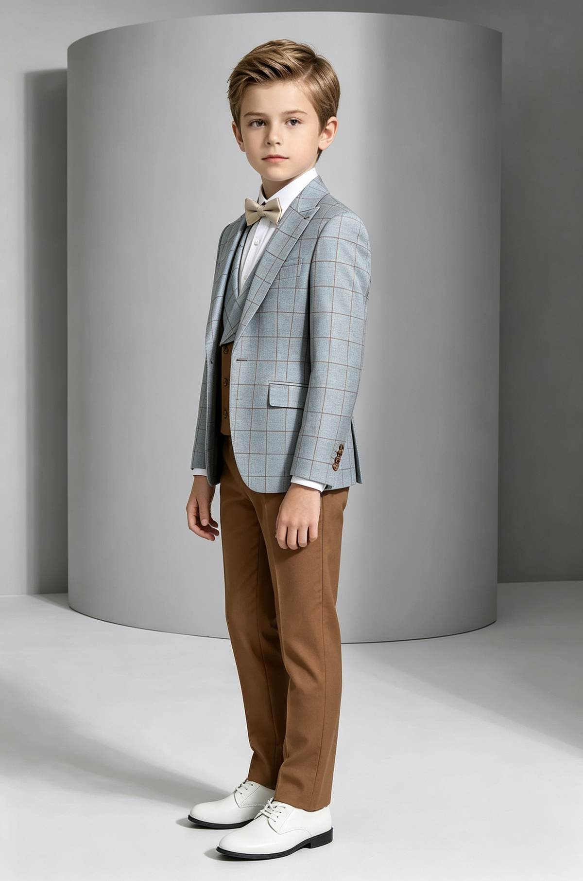 Blue-Grey Windowpane Plaid Brown Double-Breasted 3-Piece Suit