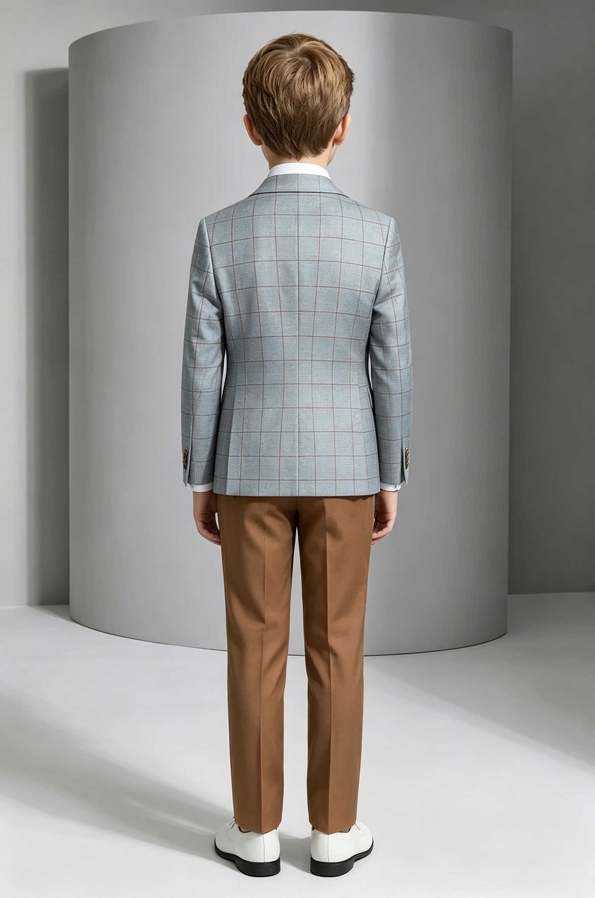 Blue-Grey Windowpane Plaid Brown Double-Breasted 3-Piece Suit