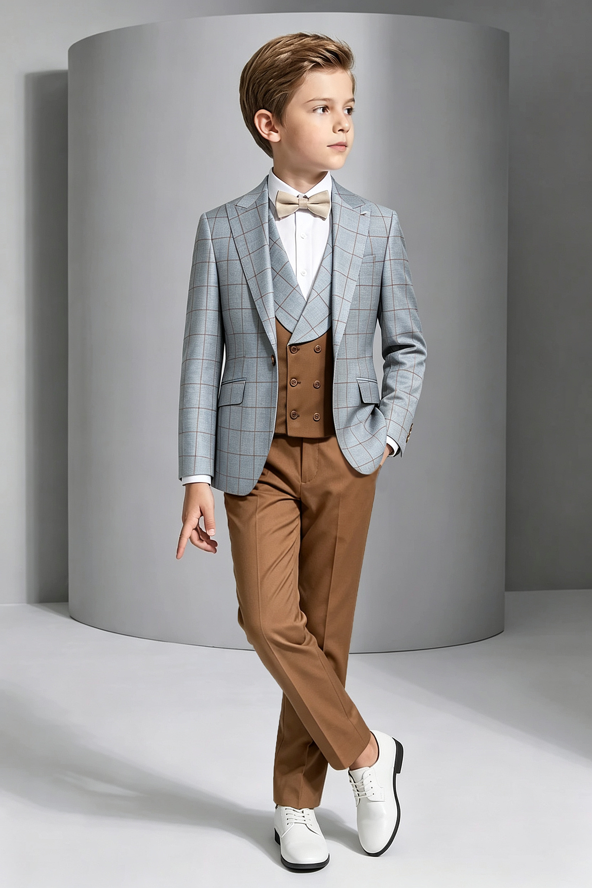 Blue-Grey Windowpane Plaid Brown Double-Breasted 3-Piece Suit