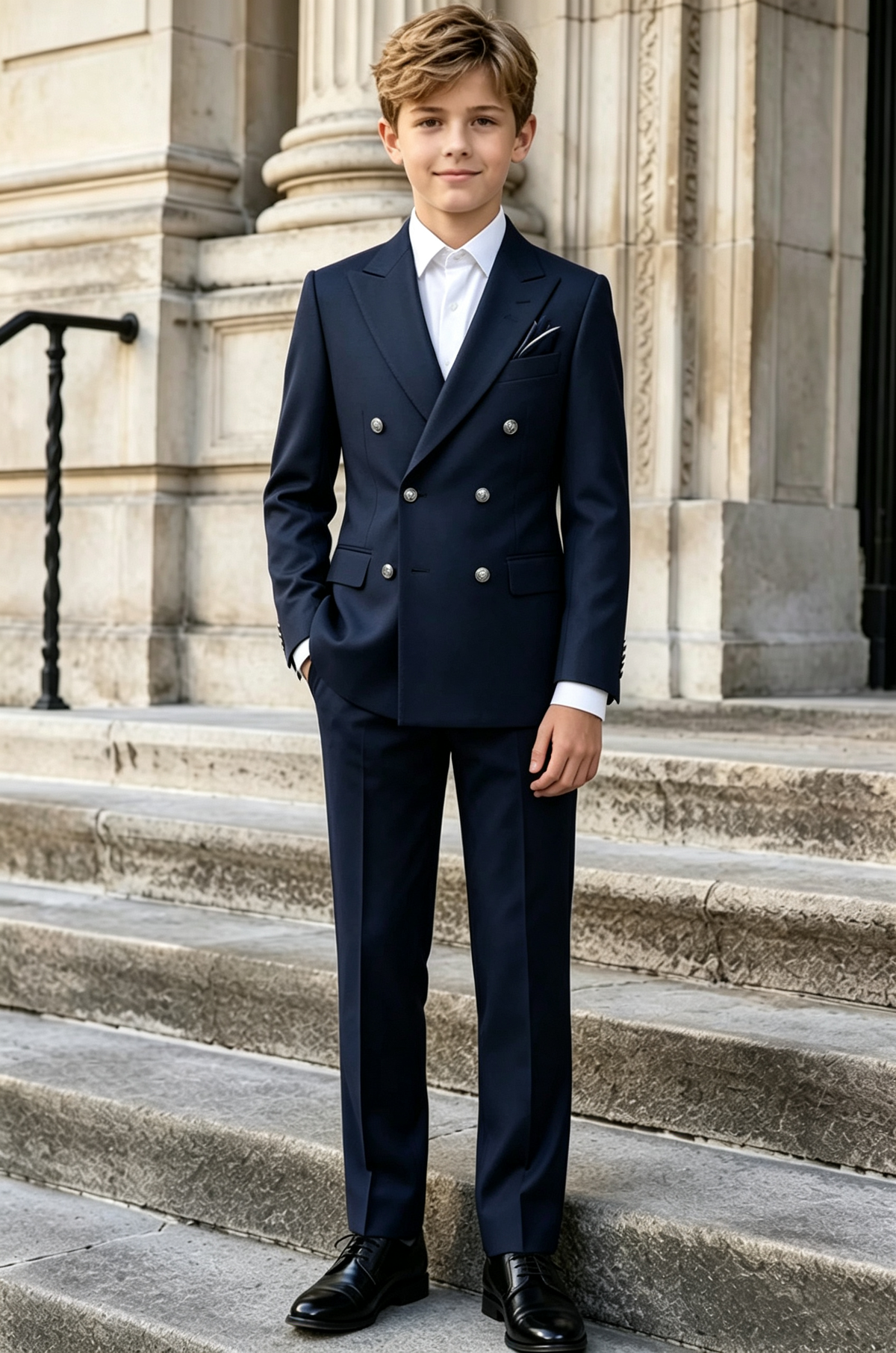 Navy Blend Silver Button Double-Breasted 2-Piece Suit Set