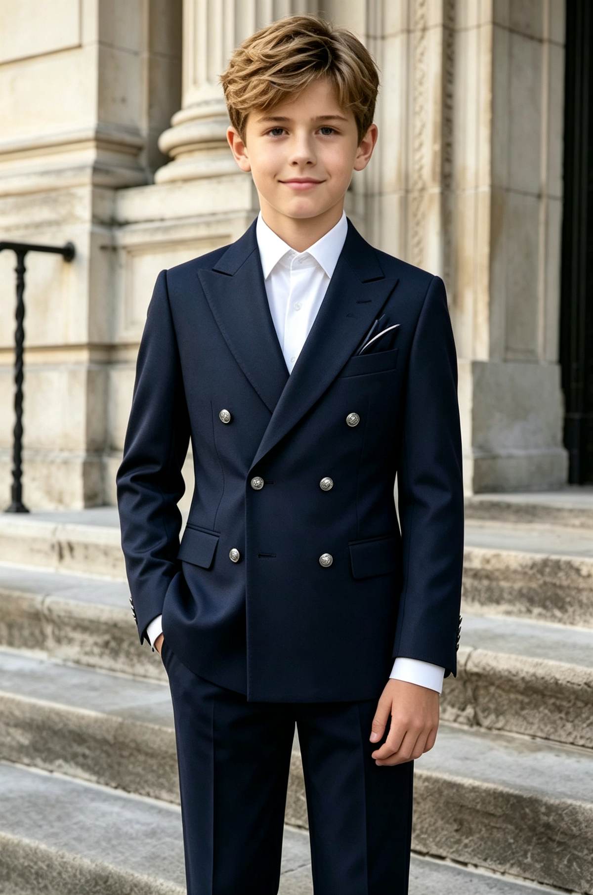 Navy Blend Silver Button Double-Breasted 2-Piece Suit Set