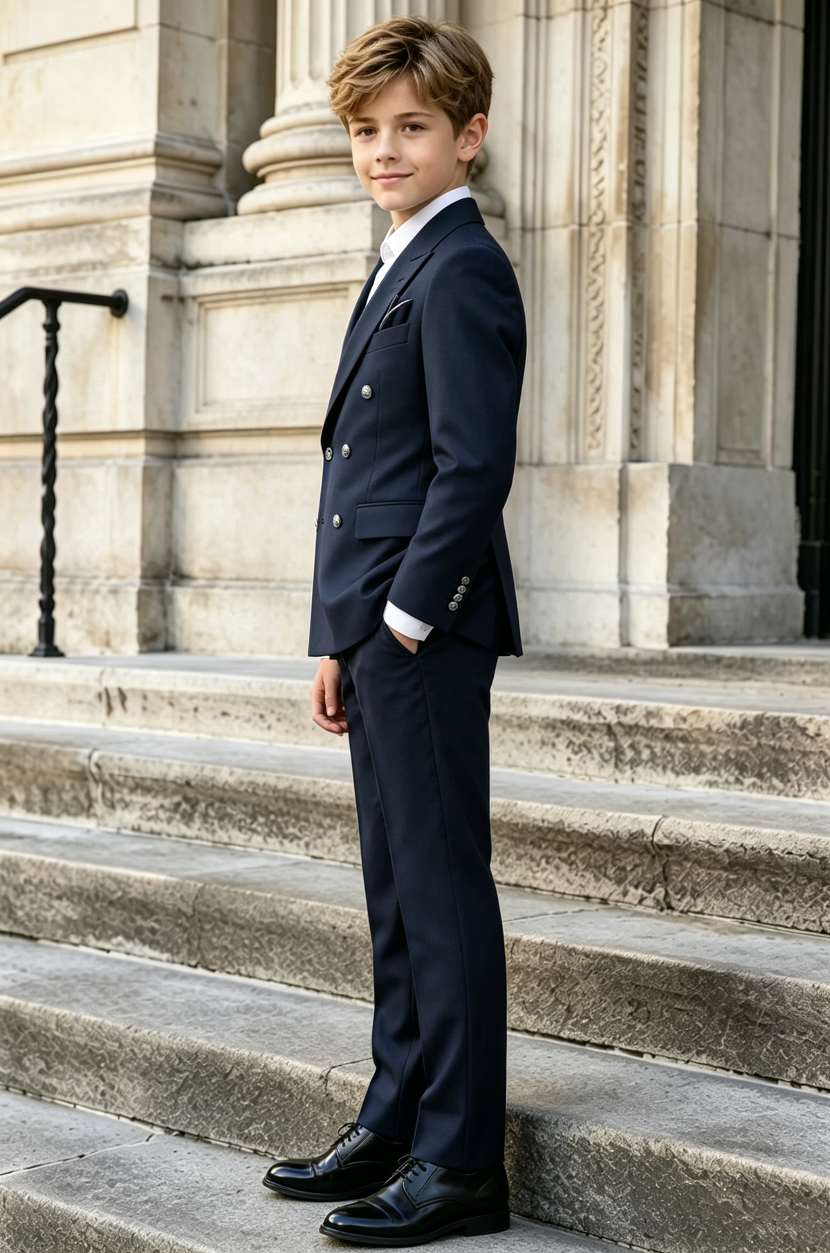 Navy Blend Silver Button Double-Breasted 2-Piece Suit Set