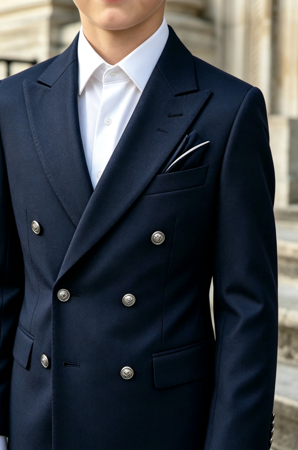 Navy Blend Silver Button Double-Breasted 2-Piece Suit Set