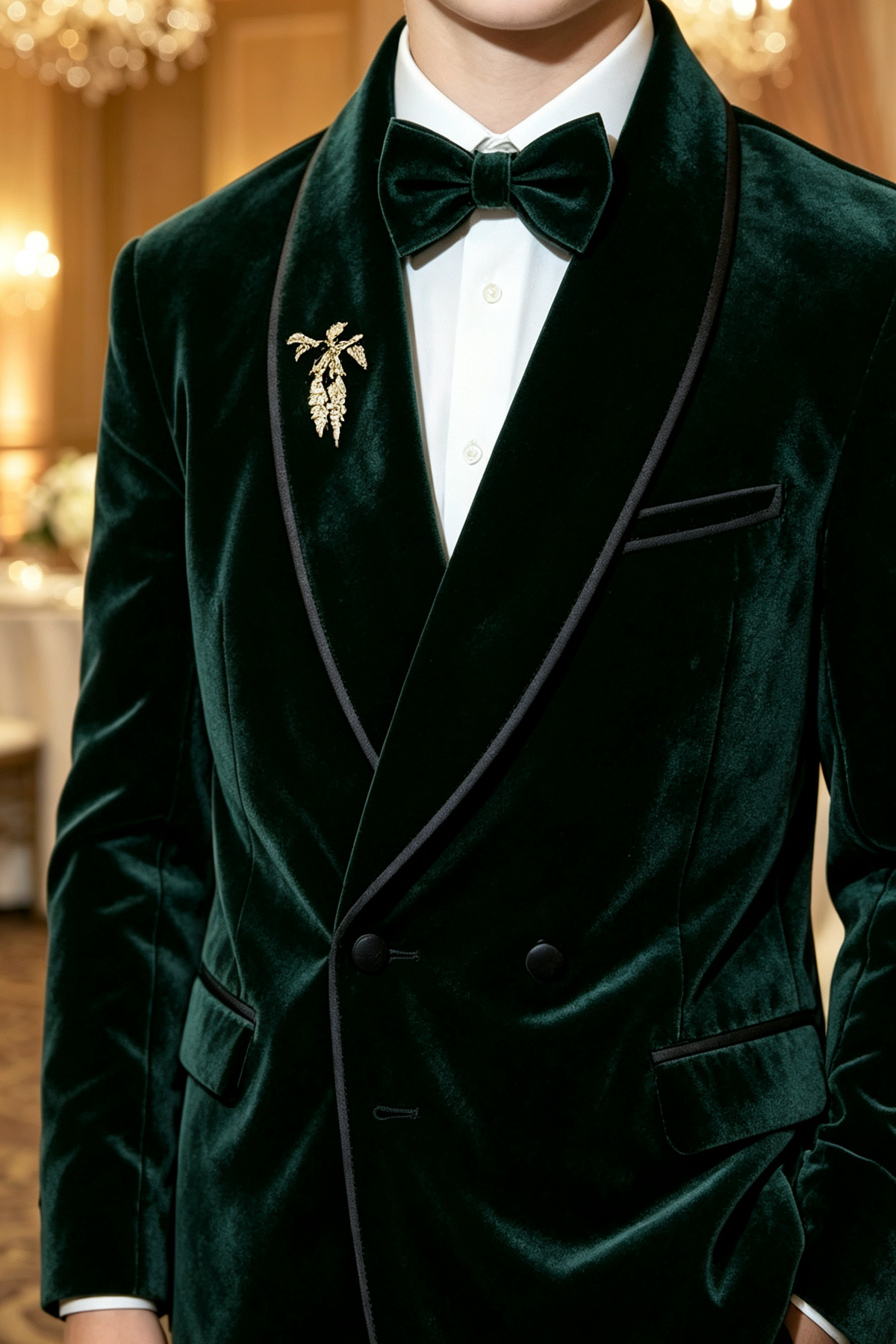 Emerald Green Velvet Black Satin Piping Double-Breasted Tuxedo 2-Piece Suit Set