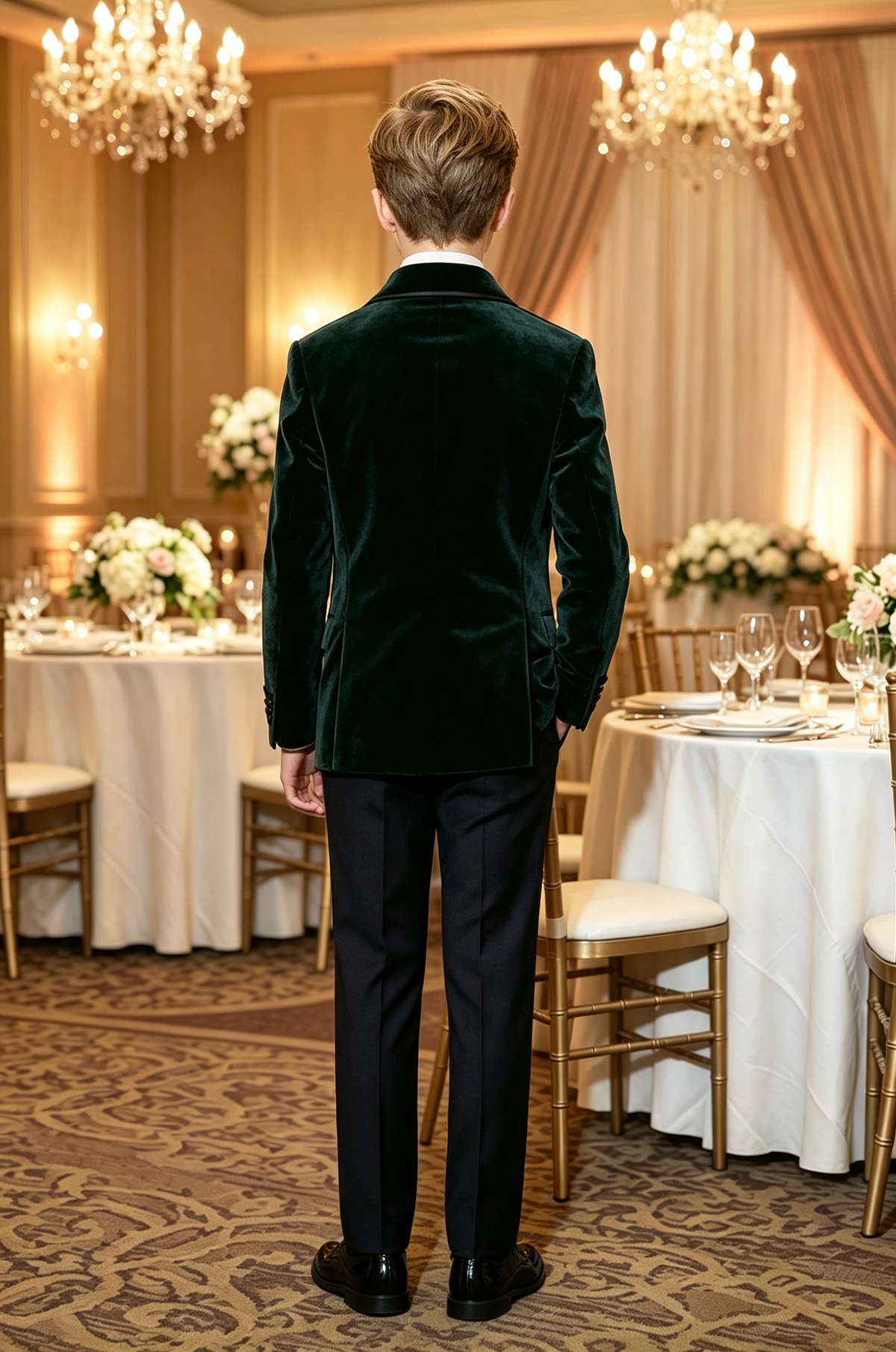 Emerald Green Velvet Black Satin Piping Double-Breasted Tuxedo 2-Piece Suit Set