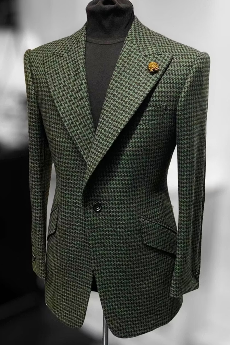 Green Houndstooth Single-Breasted Blend Notch Lapel Blazer