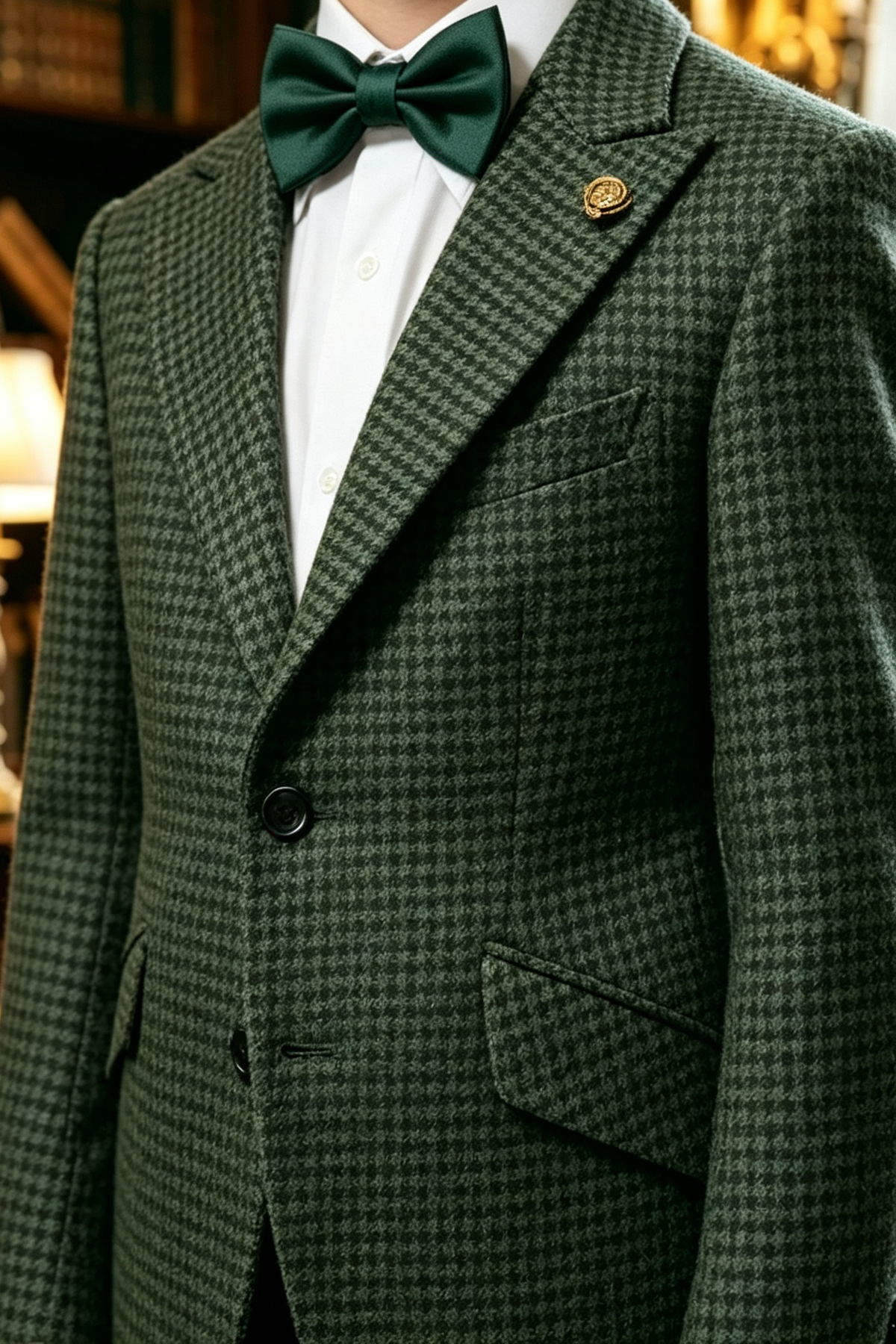 Green Houndstooth Single-Breasted Blend Notch Lapel Blazer