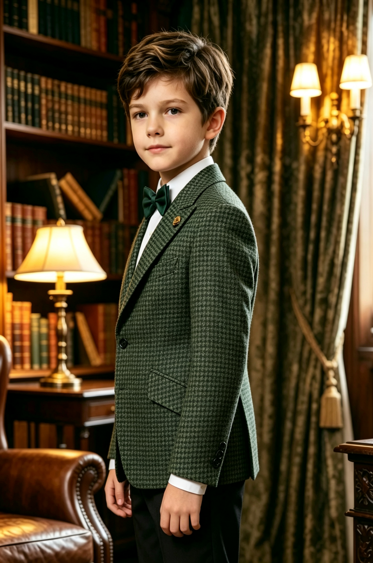 Green Houndstooth Single-Breasted Blend Notch Lapel Blazer
