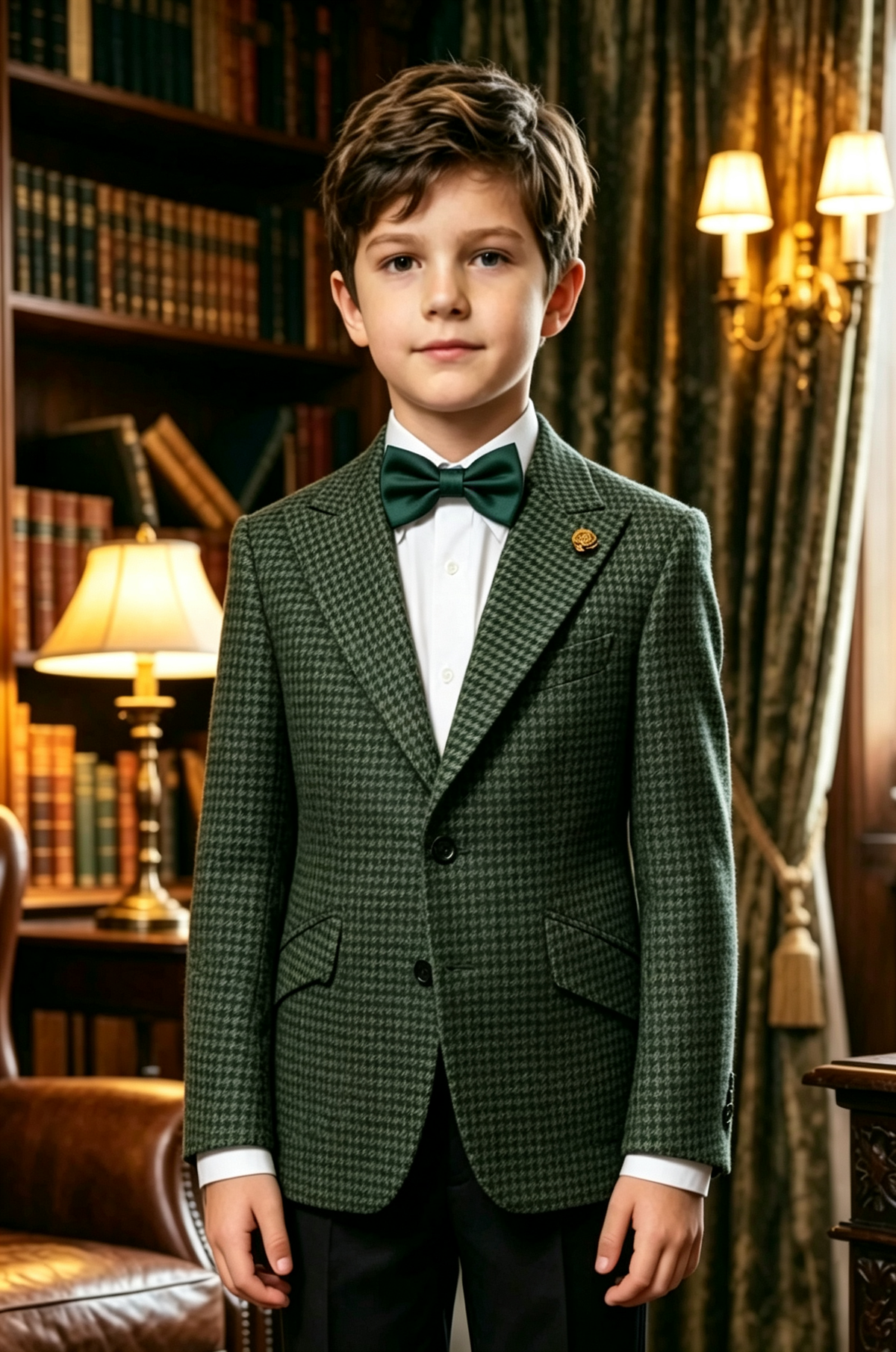 Green Houndstooth Single-Breasted Blend Notch Lapel Blazer