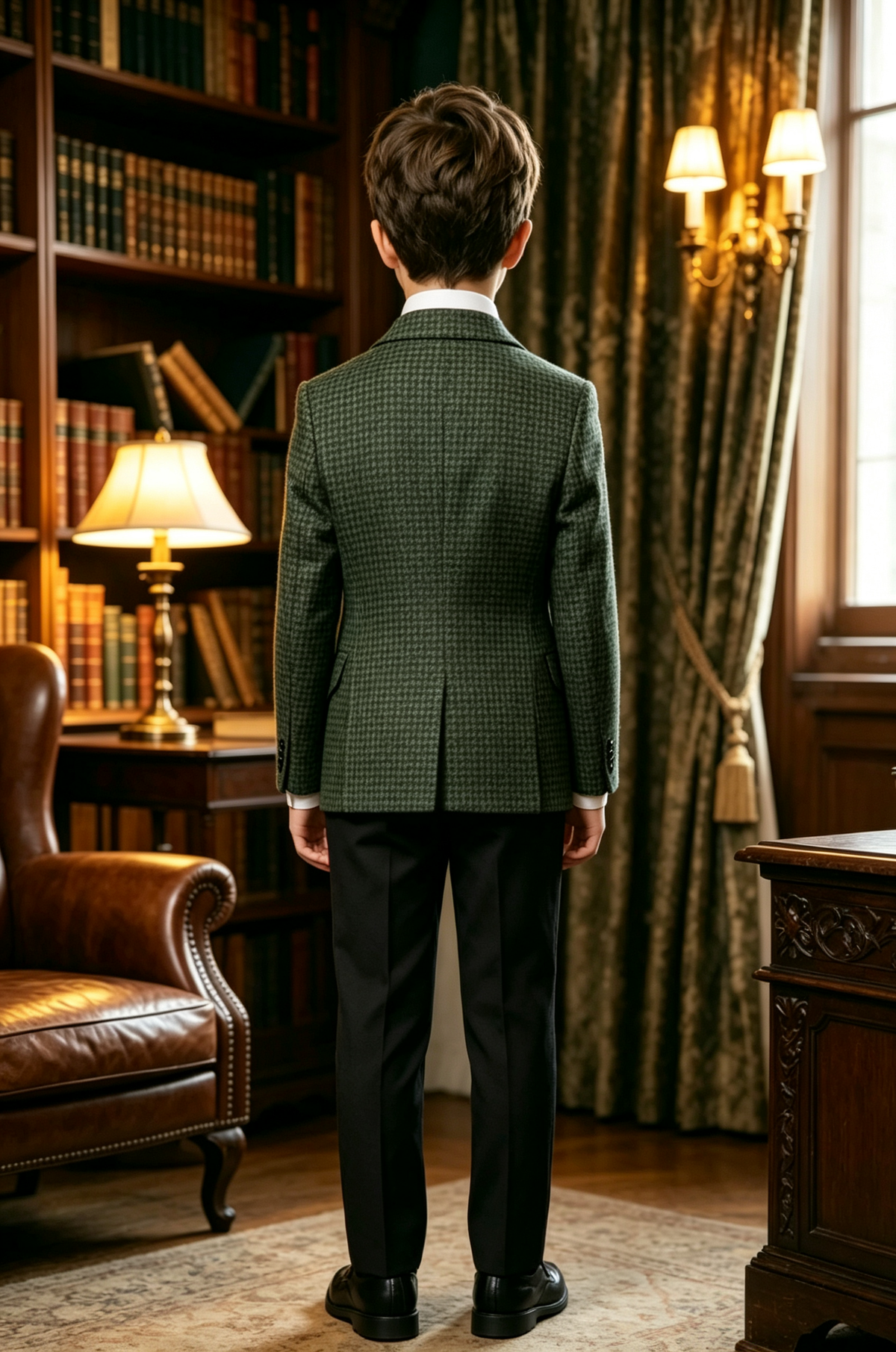 Green Houndstooth Single-Breasted Blend Notch Lapel Blazer