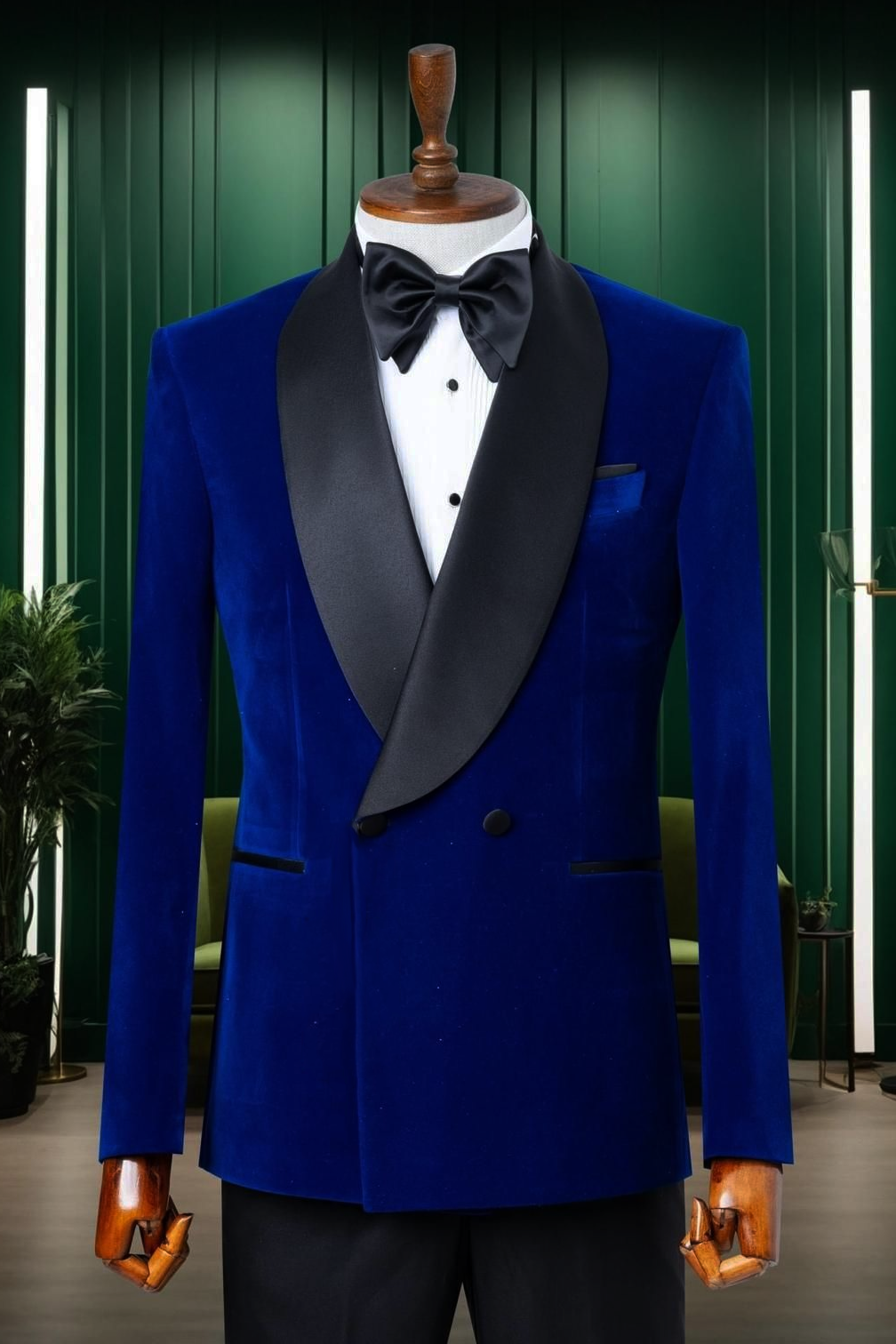 Royal Blue Velvet Black Satin Double-Breasted Tuxedo 2-Piece Suit Set