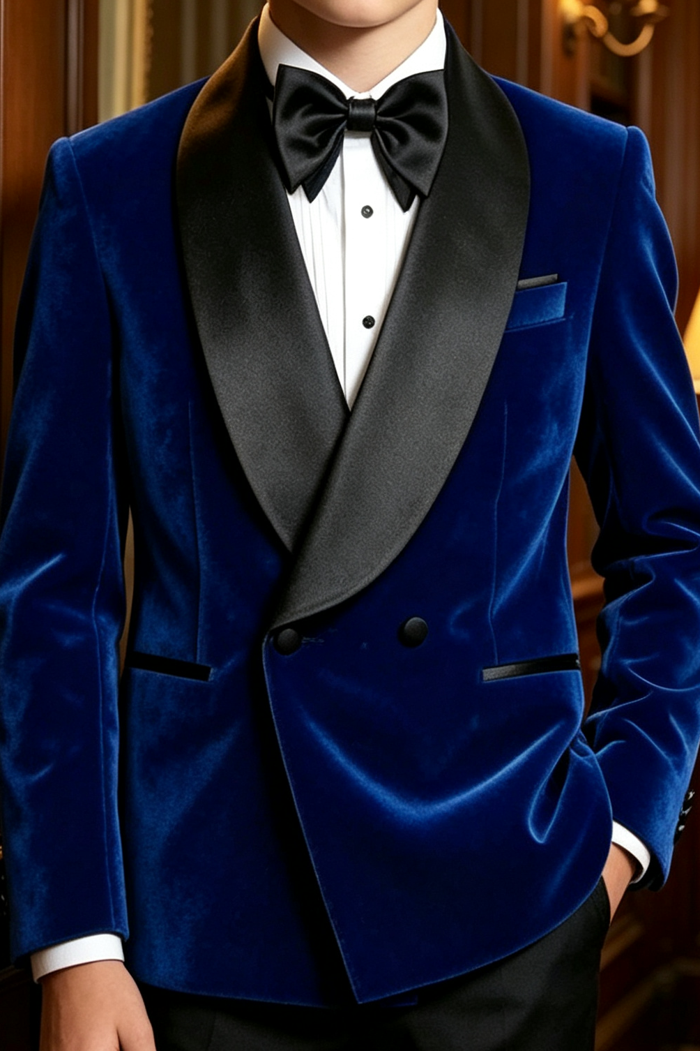 Royal Blue Velvet Black Satin Double-Breasted Tuxedo 2-Piece Suit Set