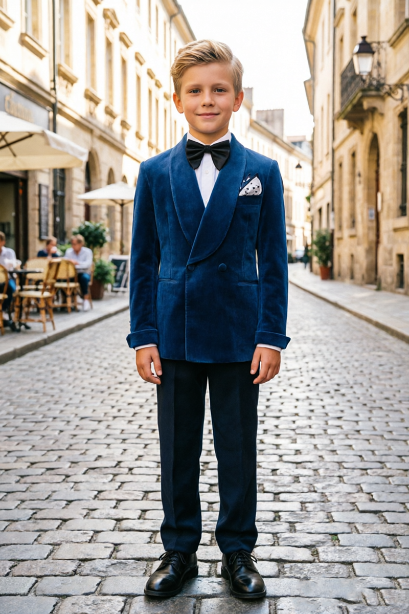 Boys Navy Blue Velvet Tuxedo with Wide Shawl Lapel 2-Piece Suit