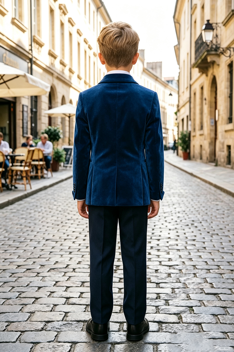 Boys Navy Blue Velvet Tuxedo with Wide Shawl Lapel 2-Piece Suit