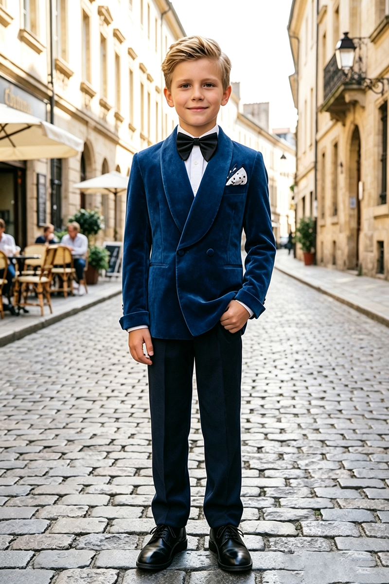 Boys Navy Blue Velvet Tuxedo with Wide Shawl Lapel 2-Piece Suit
