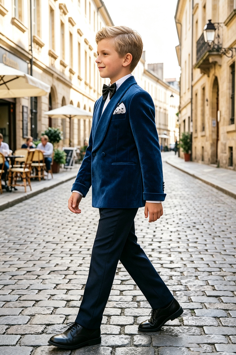 Boys Navy Blue Velvet Tuxedo with Wide Shawl Lapel 2-Piece Suit