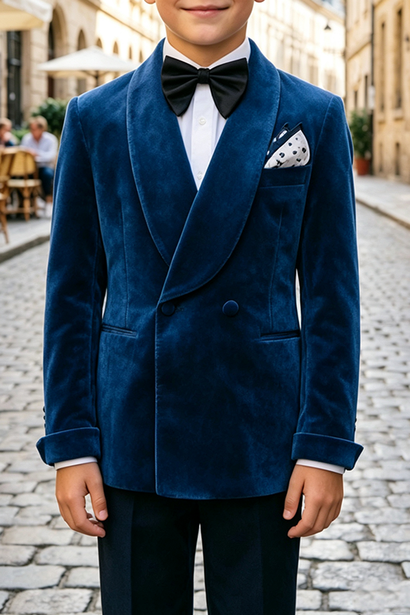 Boys Navy Blue Velvet Tuxedo with Wide Shawl Lapel 2-Piece Suit