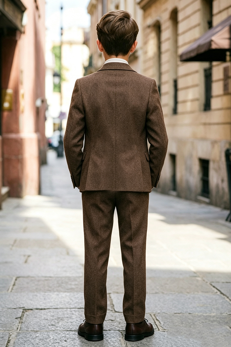 Boys Brown Tweed 3-Piece Suit for Weddings with Notch Lapel