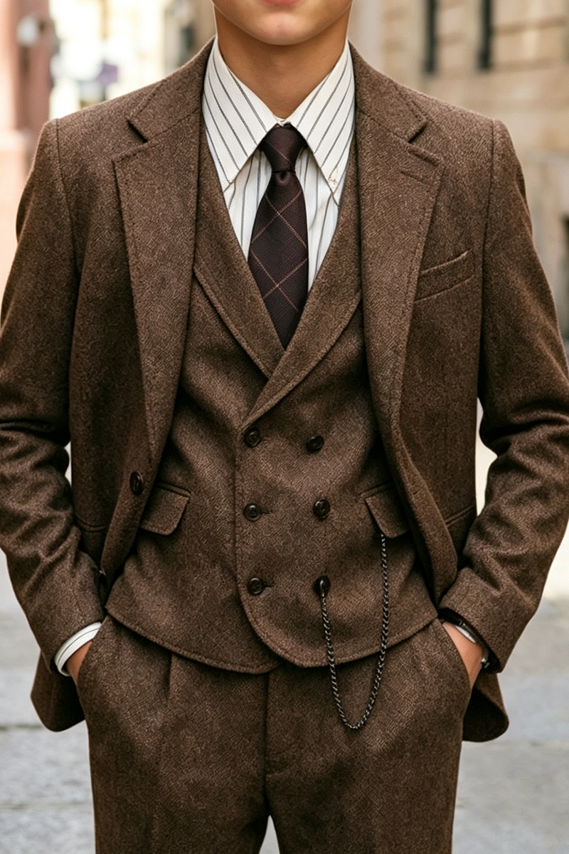 Boys Brown Tweed 3-Piece Suit for Weddings with Notch Lapel