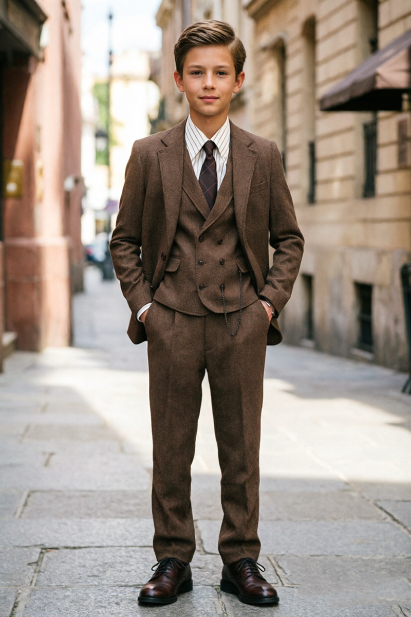 Boys Brown Tweed 3-Piece Suit for Weddings with Notch Lapel