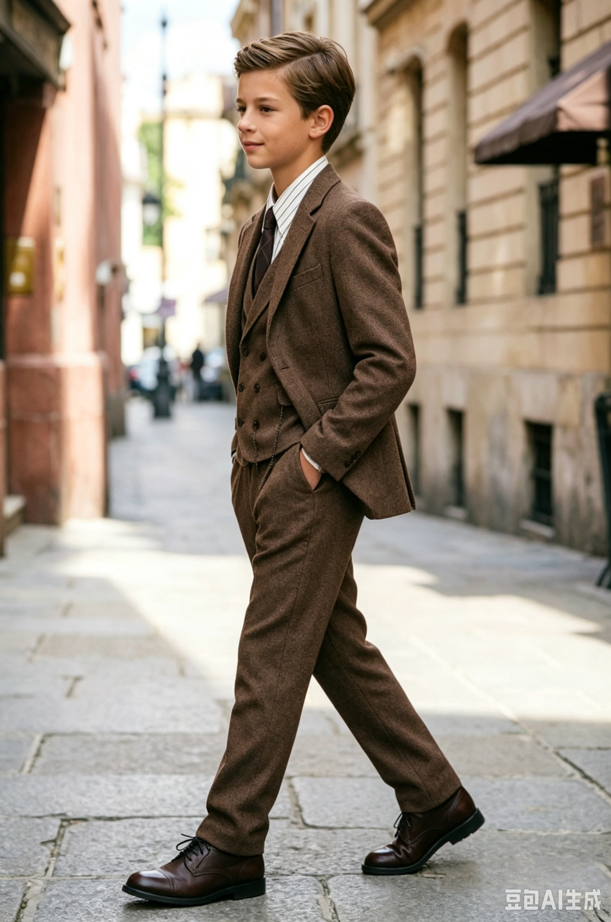 Boys Brown Tweed 3-Piece Suit for Weddings with Notch Lapel