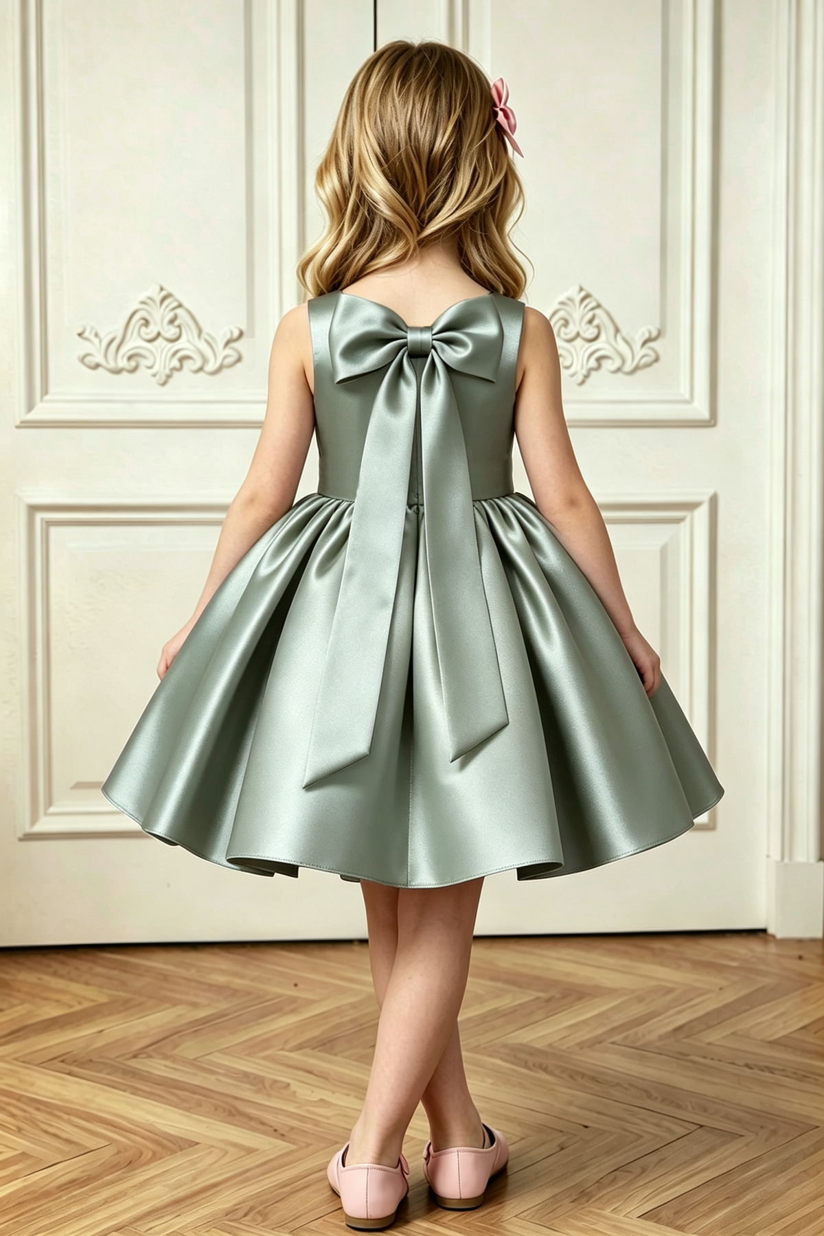 Sage Green Satin Sleeveless Square Neck A-Line Party Flower Girl Dress