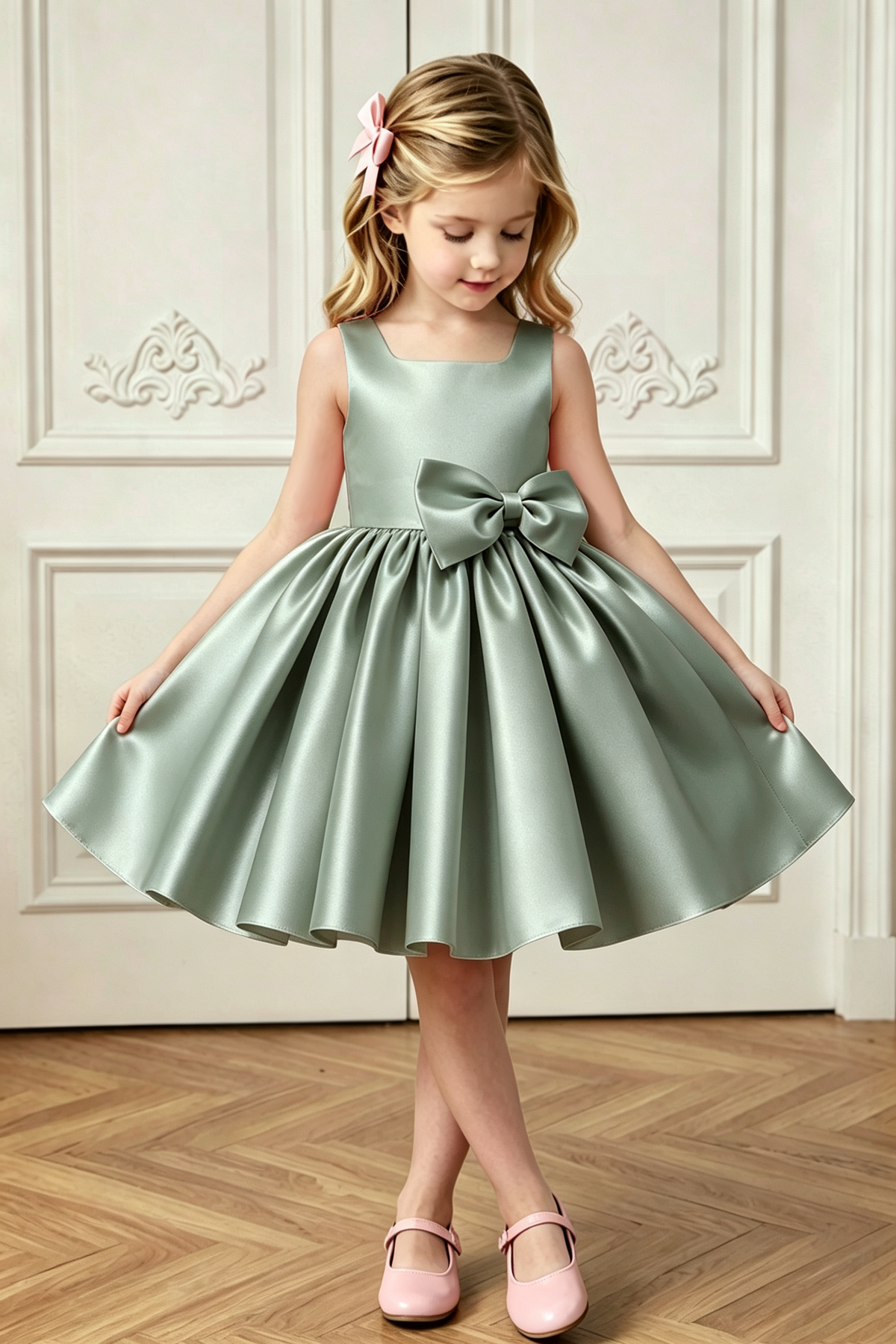 Sage Green Satin Sleeveless Square Neck A-Line Party Flower Girl Dress