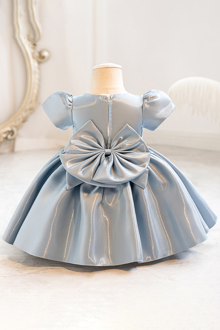 Blue Grey Iridescent Organza Puff Sleeve A-Line Party Flower Girl Dress