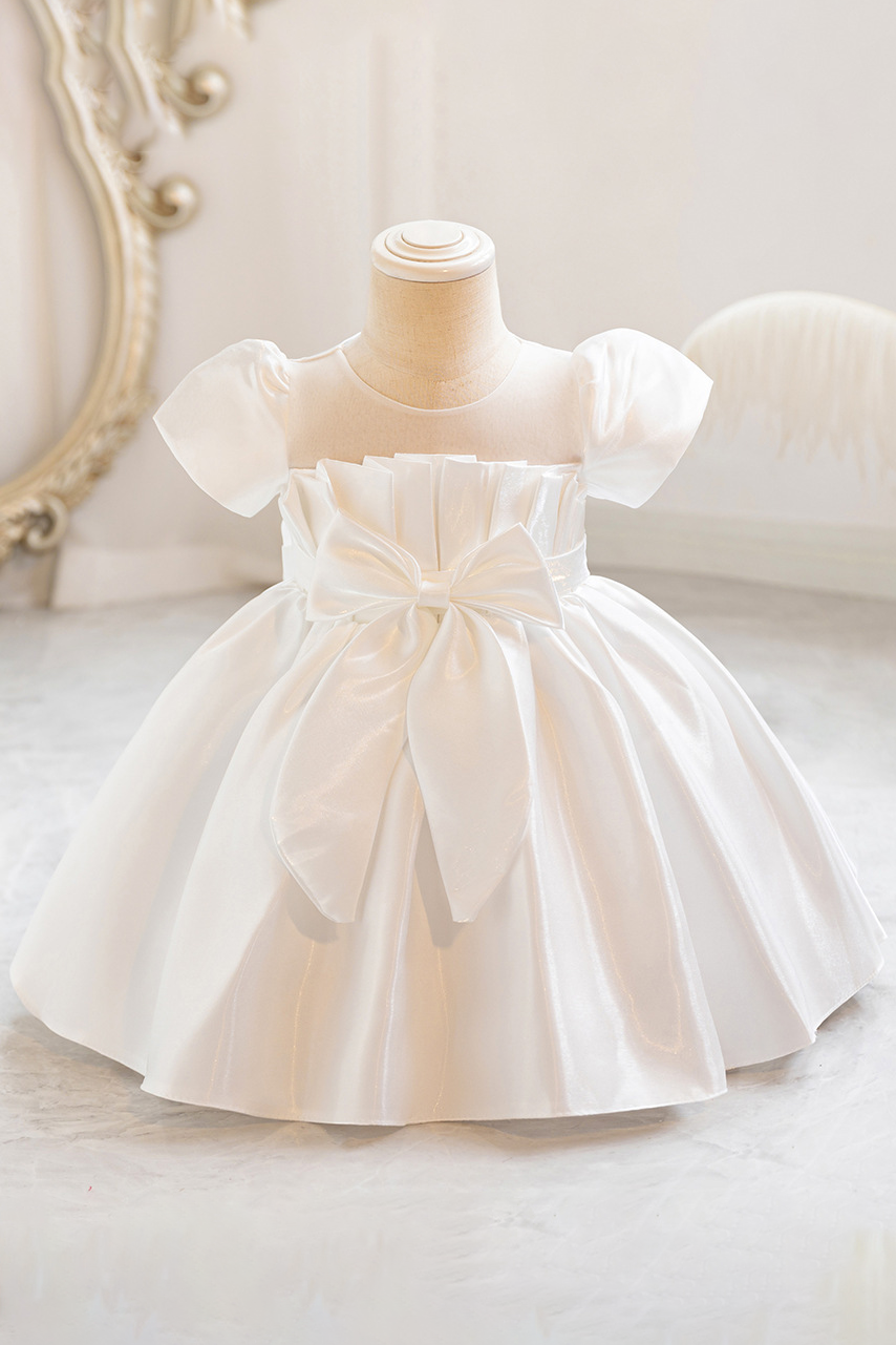 Blue Grey Iridescent Organza Puff Sleeve A-Line Party Flower Girl Dress