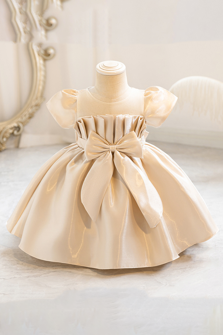 Blue Grey Iridescent Organza Puff Sleeve A-Line Party Flower Girl Dress